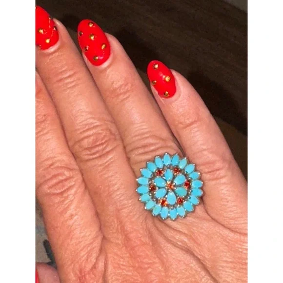 925 Sterling Silver Turquoise Garnet Flower Ring Cluster Statement Ring - Picture 2 of 9